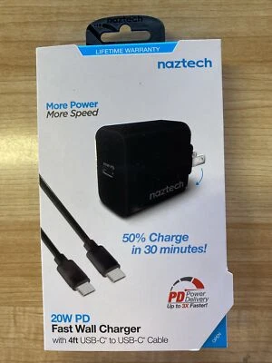 Naztech 20W USB-C PD Fast Wall Charger with USB-C to USB-C Cable [Black] - Image 1 of 3