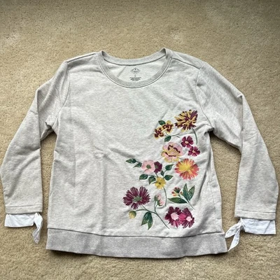 St. John’s Bay Women’s Beige Embroidered Sweatshirt w/ Tie Cuffs - Size XL - EUC - Image 1 of 4