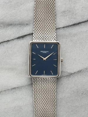 Vintage Patek Philippe 18k White Gold 70s Manual Wind Blue Dial 30mm Rectangle - Image 1 of 4