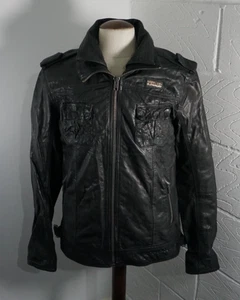 Mens Superdry Ryan Black Biker Style Leather Jacket - Size Large - Picture 1 of 7