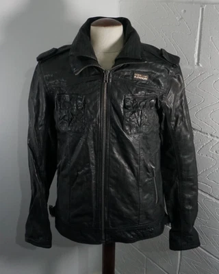 Mens Superdry Ryan Black Biker Style Leather Jacket - Size Large - Image 1 of 4