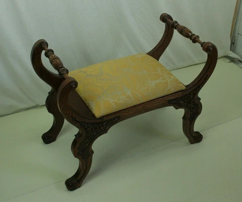 Handsome Heavily Carved Solid Oak Jacobean Window Bench With Yellow Upholstery Cover