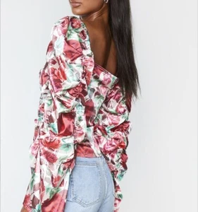 PrettyLittleThing Satin Rose Femme Puff Sleeve Ruched Top 4 - Picture 1 of 4