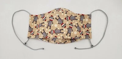 Face Mask 4-Layers of Cotton Sock Monkey Washable Filter Pocket Women - Image 1 of 2