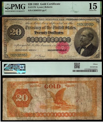 1882 $20 Gold Certificate PMG 15 - Portrait of James Garfield - Fr 1178 - Image 1 of 3