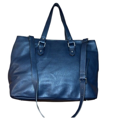 ZARA Trafaluc Borsa Tote Bag 100% Pelle Blu Navy Imbottita per Laptop 3 Scomparti