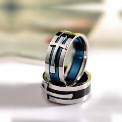 Blue/Black Bands Men's Silver Cross Titanium Steel 3 in 1 Smooth Ring Size 7-13  — 第 1/4 张图片