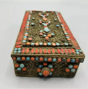 Antique Coral & Turquoise Nepal Brass Box Tibetan Trinket Pill Jewelry Gemstone