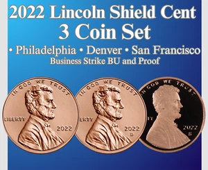 2022 P D S Lincoln Shield Cent 3 Coin Set GEM BU & Proof Free Shipping Quality - Picture 1 of 3