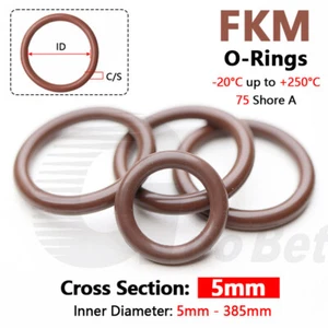 Metric FPM FKM Rubber O-Rings 5mm Cross Section 5-385mm ID Seals 75A Shore Brown - Picture 1 of 160