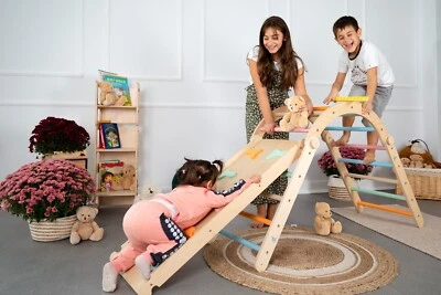 LATRANS 3er Set Kletterdreieck mit Rutsche und Kletterbogen - Indoor-Klettergerü