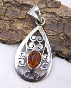 2.6 GM 925 Plata de Ley Natural Ámbar Colgante Piedra Jali Talla 1.4" M-2561 - Imagen 1 de 6