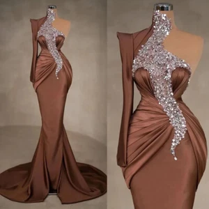 High Neck Mermaid Evening Dresses One Shoulder Sequins Backless Satin Prom Gowns - Picture 1 of 4