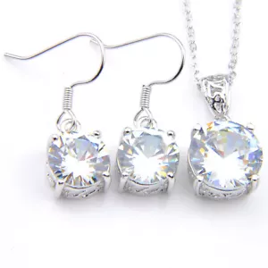 Woman Jewelry Set 2 Pcs Round Natural Fire White Topaz Silver Pendants Earrings - Picture 1 of 7
