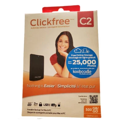 NEW Clickfree Automatic Backup 500GB C2 Hard Drive Portable Backup Mac & PC - Image 1 of 4