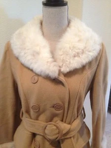 Vtg JR BAZAAR CAMEL Wool Coat w/ Cream Fur Collar & Sleeves Button Front Sz 5 - Bild 1 von 12