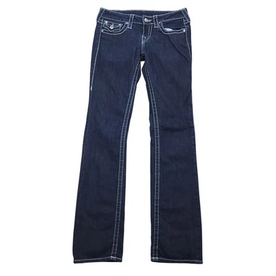 Pantalones de mezclilla marca True Religion para mujer talla 27 rectos lavado oscuro detalle de puntada blanca Foto 1 de 4