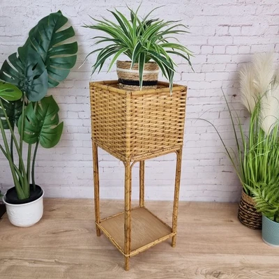 Vintage Two Tier Bamboo Plant Stand, Planter, Shelf Unit, Square Shape, Retro - image 1 of 4