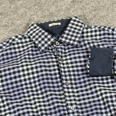 Bugatchi Shirt Mens Large Blue Black Checkered Long Sleeve Shaped Fit Cotton - Image 1 of 4