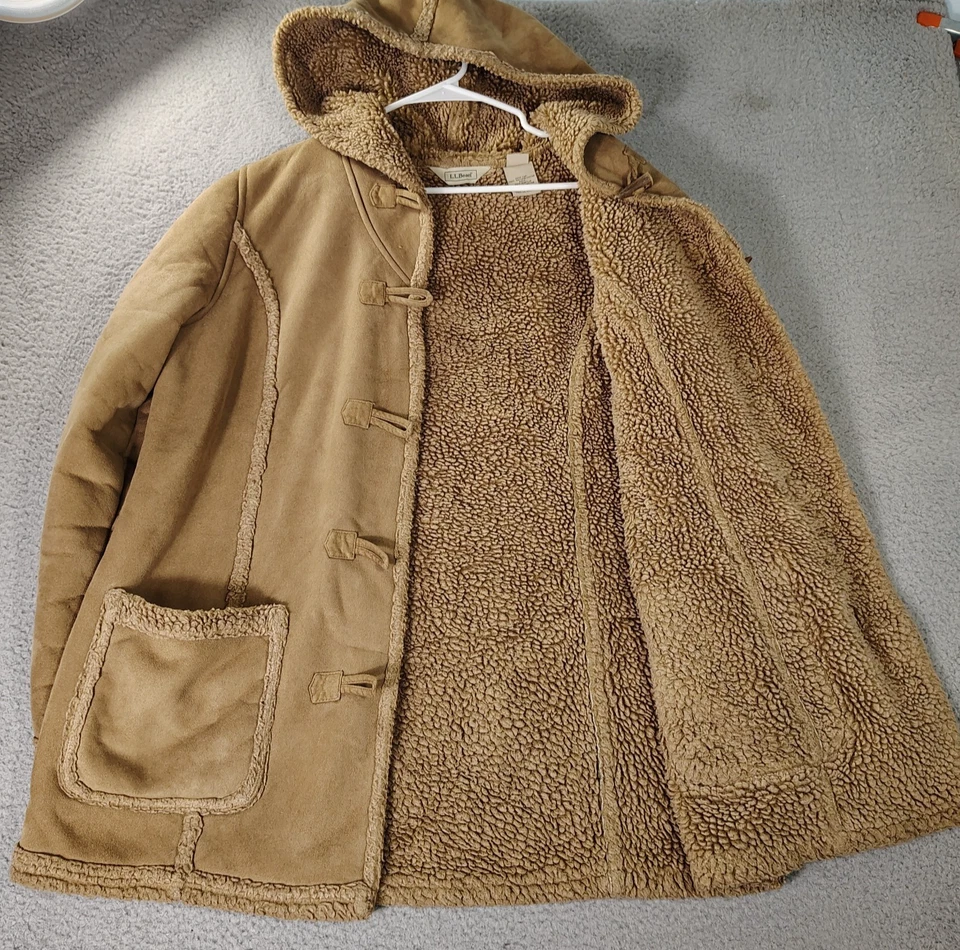 L.L.Bean Jacket Womens Large Beige Faux Suede Sherpa Lined Hooded Outdoor Toggle - Image 1 of 4