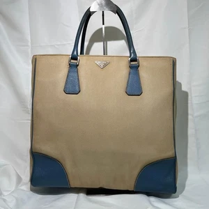 PRADA Hand Bag Tote Purse Logo Beige Blue Authentic - Picture 1 of 24