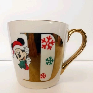Disney Mickey Mouse Christmas Coffee Mug Tea Cup Initial D Gold Letter & Handle - Picture 1 of 10