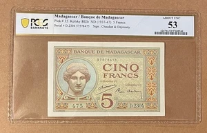 Madagascar - ND (1937-47) 5 Francs Banknote (P-35) PCGS About Unc 53 - Picture 1 of 2