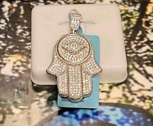 925 Sterling Silver Moissanite Hamsa Hand Evil Eye Pendant 1.5" 1.28 CTW VVSD - Picture 1 of 4