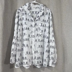 Beach Lunch Lounge Owl Shirt Womens 3X White / Navy Button Up Flowy Long Sleeve - Picture 1 of 9
