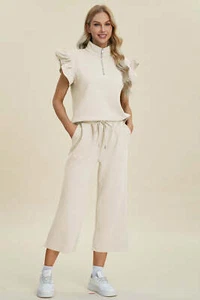 Double Take Full Size Texture Ruffle Short Sleeve Top and Wide Leg Pants Set - Picture 1 of 29