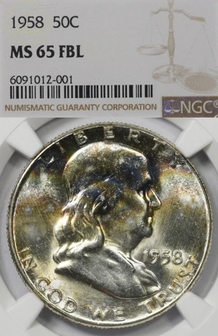 1958 50C NGC MS65 FBL Toned Franklin Half Dollar Cover
