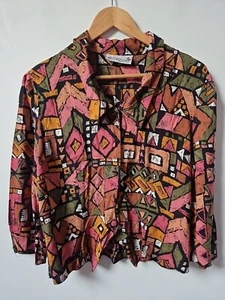 Vintage 80s Short Style Retro Abstract Print Blouse Top Size M 12 14 - Picture 1 of 6