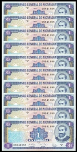 Nicaragua LOT 10 PCS Consecutive One Cordoba 1990 Pick-173 Original Crisp UNC - Picture 1 of 2