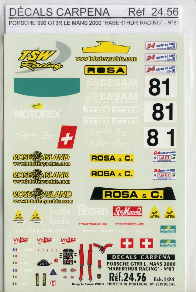PORCHE 996 GT3 N° 81 LE MANS 2000 HARBERTHUR RACING  DECALS CARPENA  1/24 - Immagine 1 di 1