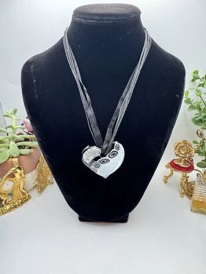 Necklace Art Glass Chunky Heart Black Ribbon & Cord Costume Jewelry Adjustable - Image 1 of 4