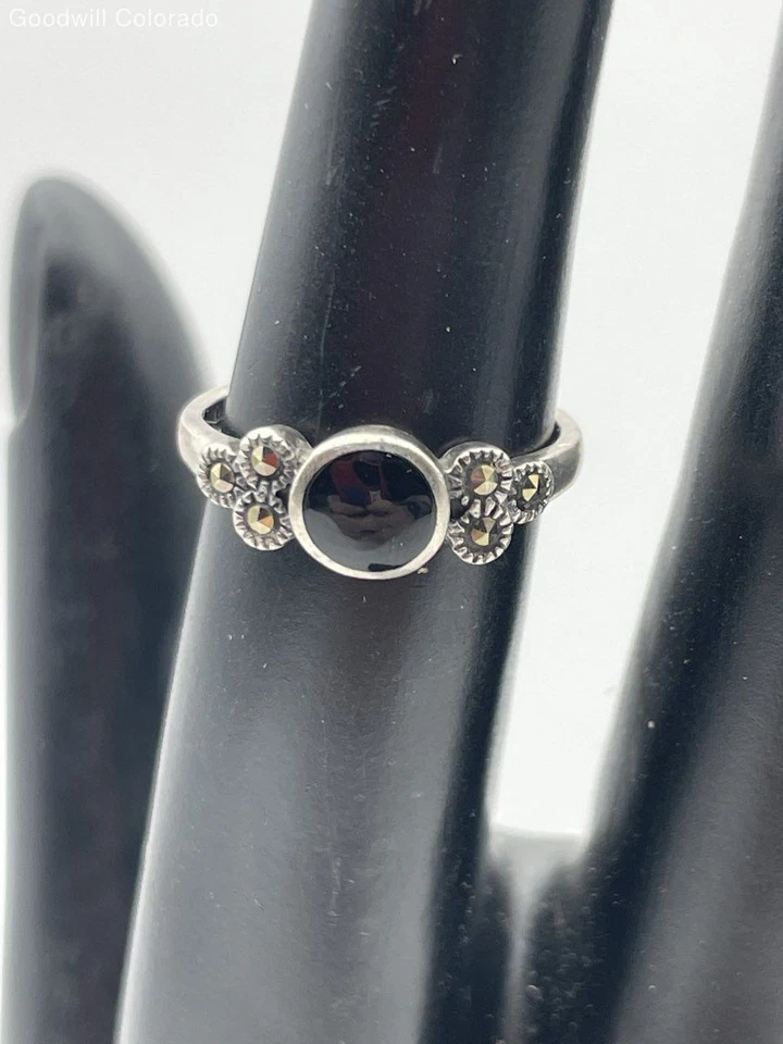 Anillo artesanal de plata de ley de marcasita de obsidiana talla 6 - 1,9 g Foto 1 de 4