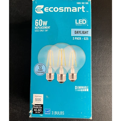 3pk EcoSmart 60W LED Light Bulb G25 Dimmable Clear Vintage Edison Bright White - Image 1 of 4
