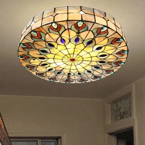 Tiffany Flush Mount Ceiling Light Peacock Feather Pattern Living Room Fixture - Picture 1 of 12