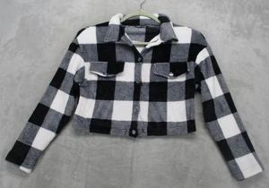 SHEIN Jacke Damen klein schwarz weiß Büffel Karo Cropped Fleece Druckknopfleiste - Bild 1 von 12