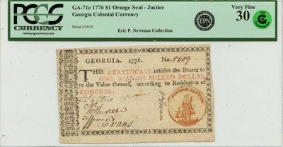 1776 $1 Georgia Colonial Note FR#GA-71c Orange Seal PCGS VF30 GCC Green - Image 1 of 2