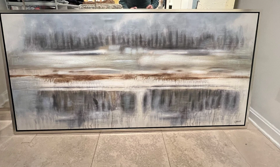 Arte de pared sereno abstracto en lienzo de bosque y lago de invierno Foto 1 de 4