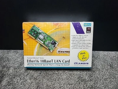 Vintage 1997 Linksys Ether16 10BaseT Cartão LAN Plug-N-Play NOVO Selado - Imagem 1 de 4
