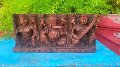 Antique Wooden Hand Carved Hindu God Ganesha Laxmi Saraswati Wall Hanging Panel - Image 1 of 4