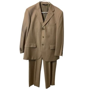 NWT Pronto Mondo Italia Super 140's Merino Wool Designer Tan Striped Suit 40S - Picture 1 of 13