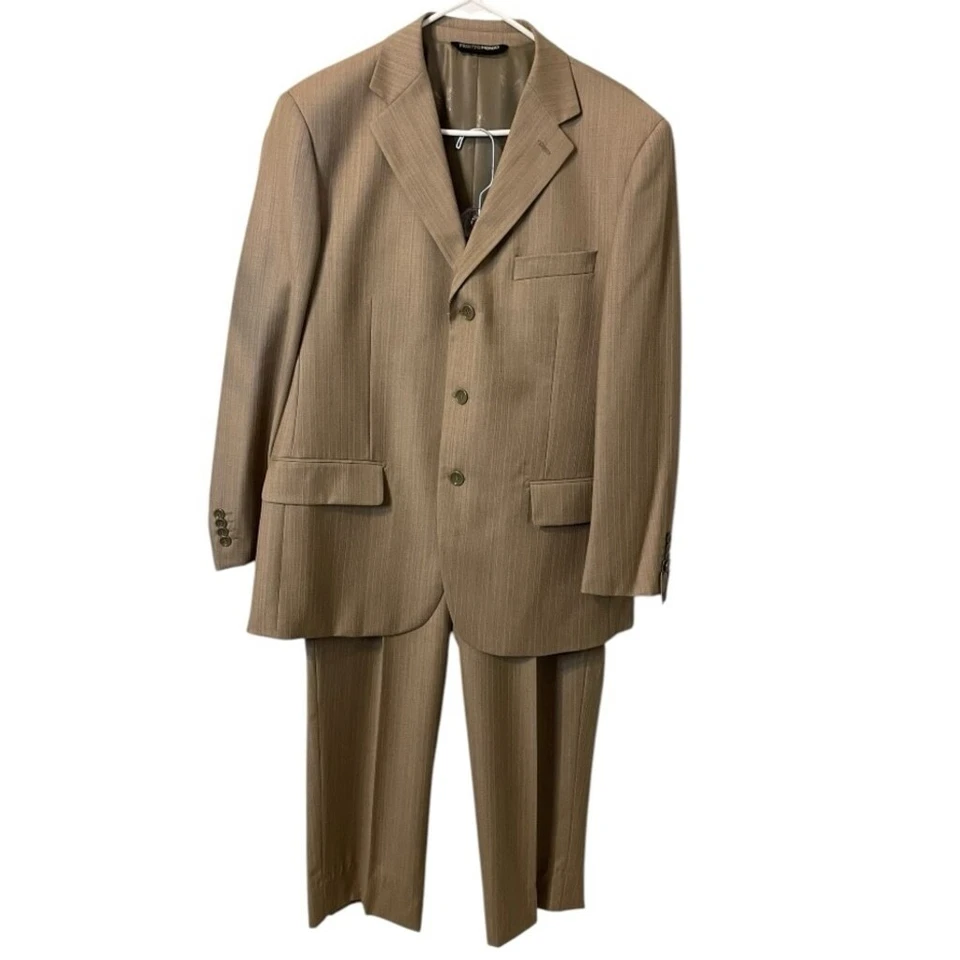 NWT Pronto Mondo Italia Super 140's Merino Wool Designer Tan Striped Suit 40S - Imagem 1 de 4