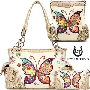 Butterfly Handbag Western Style Purse Women Shoulder Bag Crossbody Wallet Ivory - Picture 1 of 14