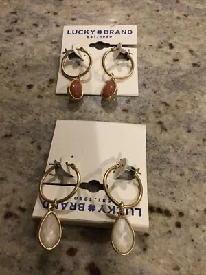 LUCKY BRAND GOLD TONE REVERSIBLE STONE TEARDROP HOOP EARRINGS, NWT - Image 1 of 3