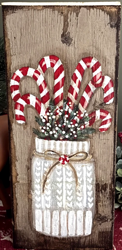 *~* HAND PAINTED SWEATER JAR *~* CANDY CANES *~* PEPPERMINT *~*RECLAIMED WOOD - Image 1 of 2