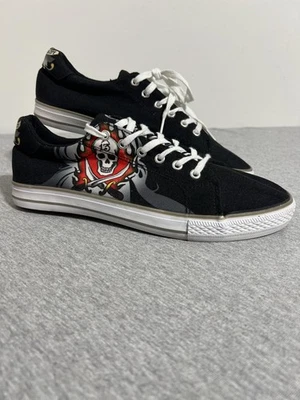Ed Hardy 鞋男式 10.5 码黑色帆布低帮骷髅图案系带 EH9054L — 第 1/4 张图片