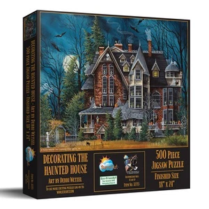 SunsOut Decorating the Haunted House 500 pc Halloween Jigsaw Puzzle - Picture 1 of 6